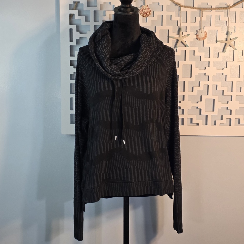 Lukka Lux Womens Black Jacquard Cowl Neck Pullover Top Size L Athleisure Tunic
